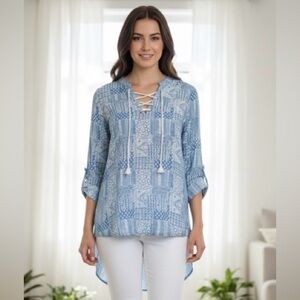 Standard Grace Blue Patchwork High Low Lace Up Blouse Boho Top Women’s Small